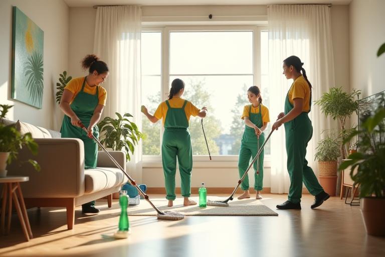Équipe PropreChezVous en action dans un appartement moderne